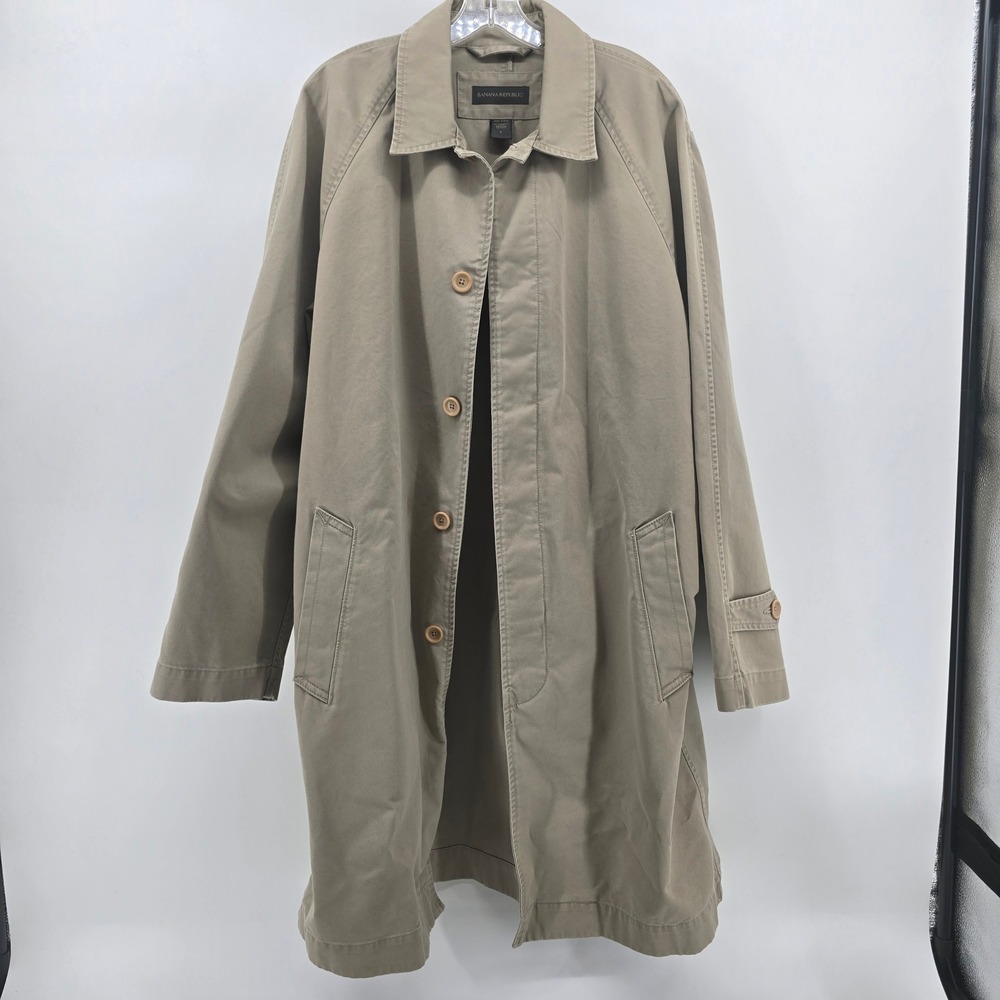 Banana Republic Mens Khaki Cotton Twill Trench Coat Tan Size L Raglan Sleeve